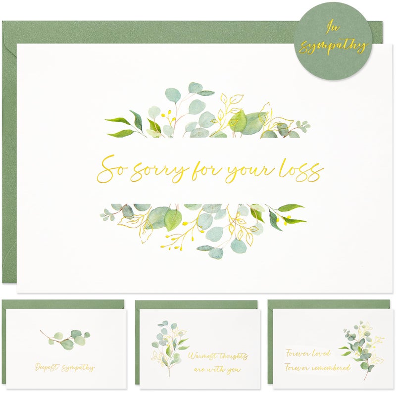 Crisky 4 Pack Greenery Gold Foil Sympathy Cards with Envelopes Sealed 4 Assortment Condolence/Bereavement Cards - Image 1